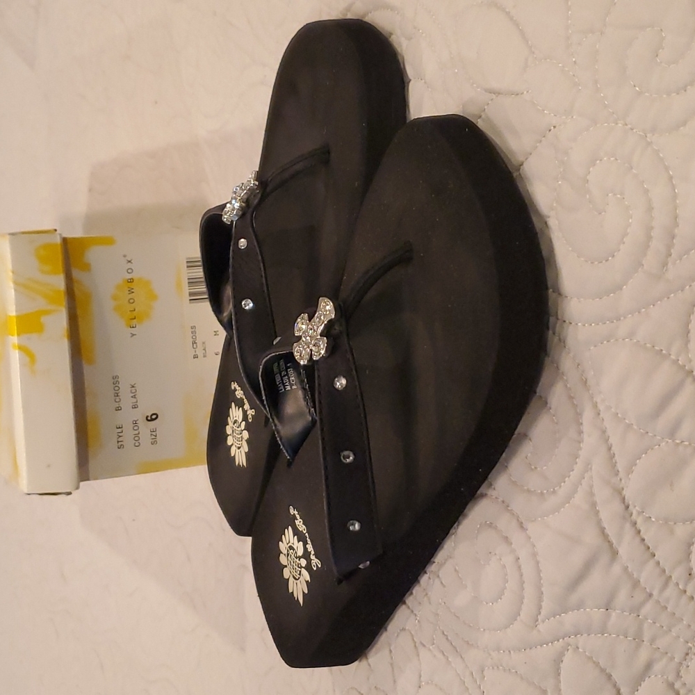 Yellow Box Black Cross Flip Flops size 6